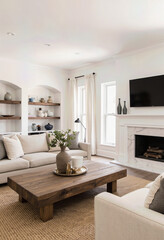 A bright and elegant living room with a classic marble fireplace, arched built-in shelves, and a cozy sofa, creating a sophisticated and inviting home.
