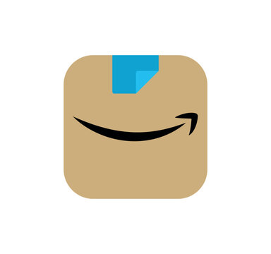 Amazon shopping app logo, ecommerce icon, rounded-square package motif with smile arrow and blue tape, flat mobile UI emblem for retail, delivery and online store