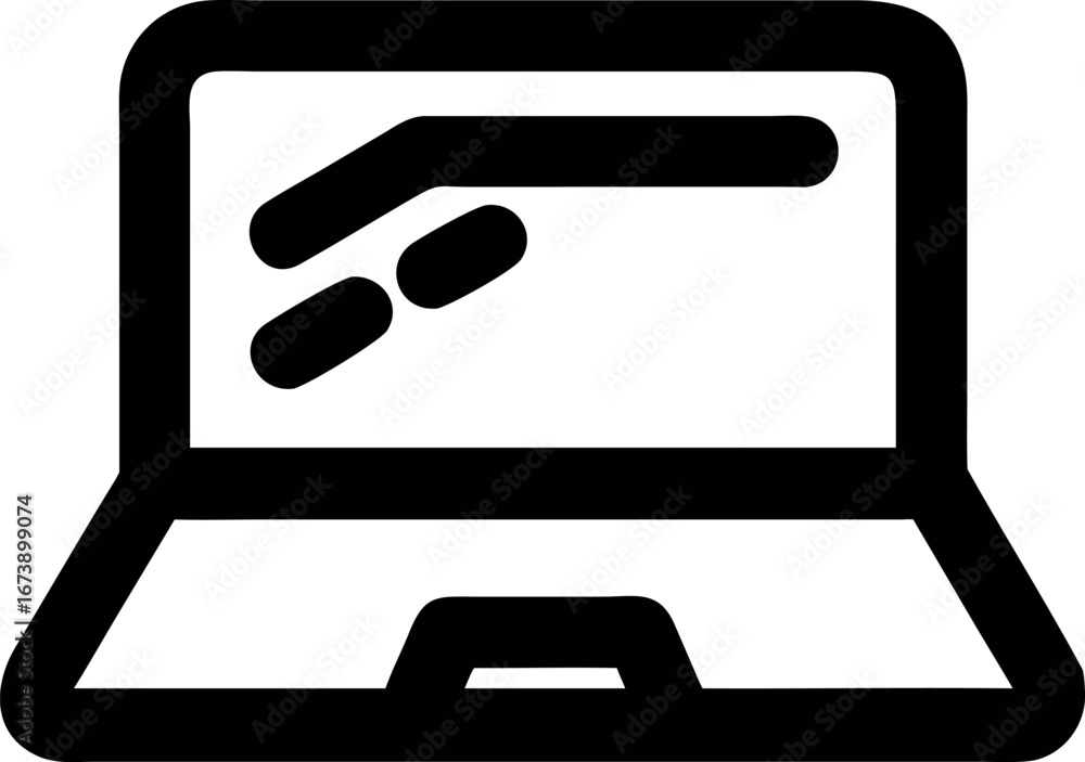 Poster minimalist line art icon of a laptop computer with a hand gesture on the screen, symbolizing digital