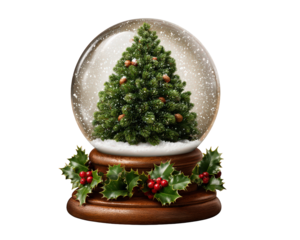 Christmas tree snow globe festive holiday decoration wooden base holly leaves red berries winter scene joyful seasonal ornament snow falling transparent glass
