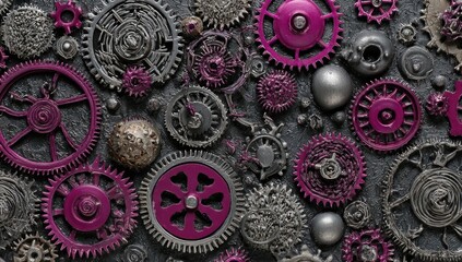 Close-up of various sized gears, some magenta, arranged on a textured, dark background