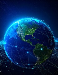 Naklejka premium A global network connects the illuminated continents in a visually stunning representation of the interconnected world.