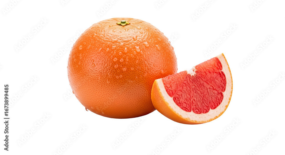 Poster a whole grapefruit and a slice display vibrant color against the isolated background.