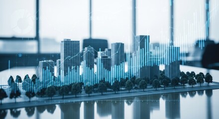City model overlaid with blue charts on desk by window