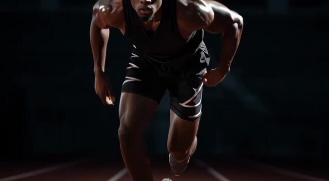Athletic male sprinter prepares to launch from starting blocks, showcasing powerful muscles and intense focus in a dynamic running sequence