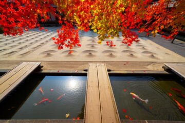 Serene Japanese Garden with Autumn Foliage and Koi Pond