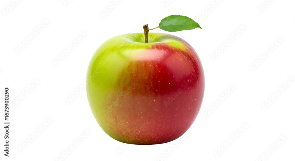 Poster an apple shows a gradient from green to red and has a single leaf attached to its stem.