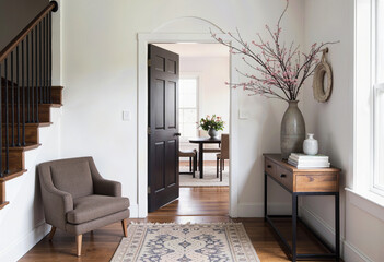 An elegant and welcoming entryway featuring a striking dark wood door, a classic armchair, and a console table with beautiful blooming branches in a stylish vase.
