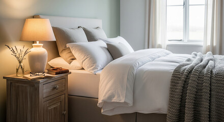 A cozy and inviting bedroom interior with a soft, warm ambiance. The large bed is made with plush white bedding and a textured gray throw blanket, creating a comfortable and relaxing feel
