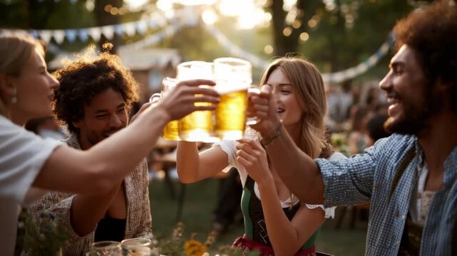 A group of friends clinks glasses filled with beer, enjoying Oktoberfest in a lively Bavarian setting during October.