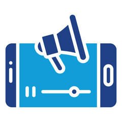 Video Marketing Glyph Blue Silhouette Icon Design Vector - smartphone with a megaphone symbol, illustrating video marketing on digital and streaming platforms