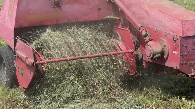 Baling hay with small square baler on a field