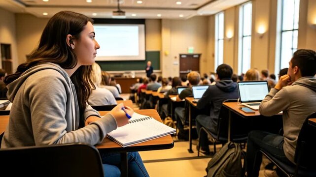Female Student Taking Notes in University Lecture Hall - A young woman sits attentively in a college lecture hall, writing notes in her notebook.