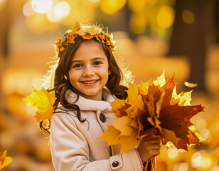 happy little girl playing with autumn leaves in autumn park