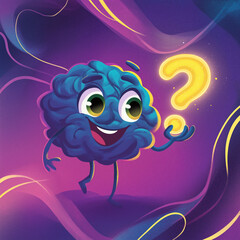 Obraz premium Cartoon brain character holding glowing question mark in vibrant design 