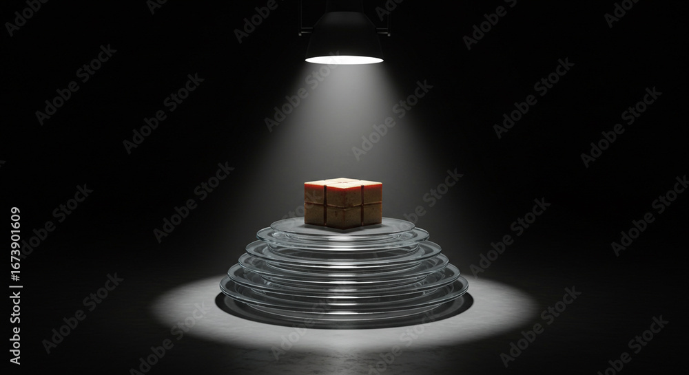 Poster a small, intricately designed object rests atop a tiered, metallic platform, illuminated by a focuse
