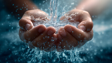 Fototapeta premium Hands holding fresh water, showing water droplets and splash in a blue atmosphere.