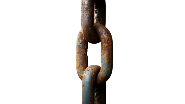 Closeup of rusty metal chain isolated on white background
