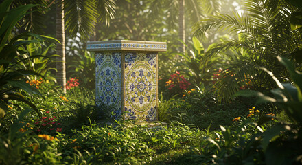 An ornate, weathered stone structure stands amidst dense, vibrant foliage, bathed in soft, dappled sunlight, creating a serene and mysterious atmosphere within the lush, natural setting.