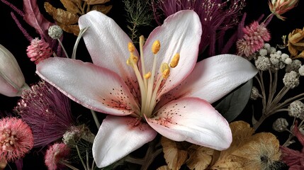 Intricate close-up of a delicate lily flower combined with medicinal herbs and tobacco, symbolizing the harmony of ornamental art and practical agriculture