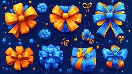 Blue and Orange Festive Bows and Gift Boxes Design