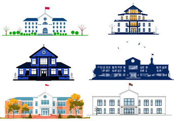 Obraz premium A New Vector Illustration Set Featuring Different Types of High Schools and Educational Buildings on a Transparent Background, Perfect for School-Themed Projects.