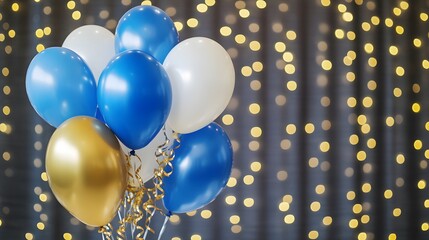 Festive Blue Gold White Balloons Bokeh Lights Party Decor