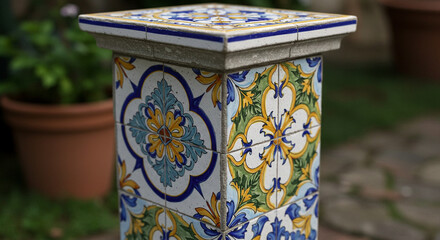 An ornate, square pillar constructed with decorative tiles, showcasing intricate floral patterns and vibrant colors, stands outdoors, possibly in a garden setting, with blurred background.
