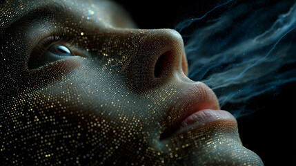 Binary code transforms into a 3D digital face made of data particles.