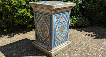 An ornate, square pedestal, constructed with intricate tilework showcasing floral patterns and geometric designs, stands outdoors in bright sunlight, casting a shadow.