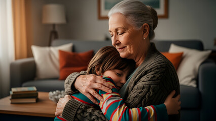 Fototapeta premium Grandmother lovingly embraces her grandchild in a warm, tender, and comforting hug.