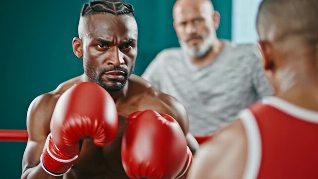 A focused boxer ready for a match with red gloves.