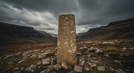 A weathered stone monument stands tall amidst a collection of scattered rocks, with a dramatic sky overhead and mountainous terrain in the background, creating a sense of history.