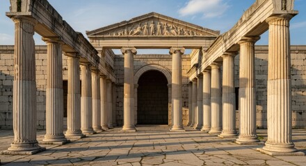 Ancient Greek Temple with Columns and Sculptures, Architecture.