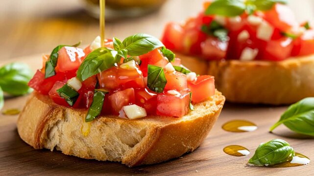 Fresh Bruschetta with Tomatoes and Basil - Close-up view of a delicious bruschetta topped with diced tomatoes, fresh basil, and garlic, drizzled with olive oil.