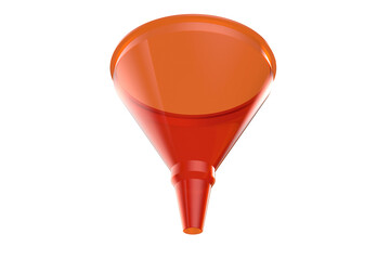 Bright Red-Orange Transparent Plastic Funnel HDR Image: Versatile Pouring Tool for Kitchenware, Laboratory Equipment, and Automotive Fluid Transfer. Clean Design Asset with Shiny Finish for Stock.