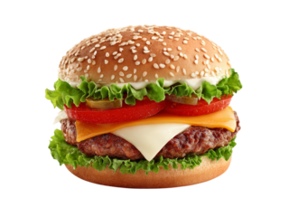 Juicy cheeseburger with sesame seed bun lettuce tomato, Isolated On White Background, Png Transparent