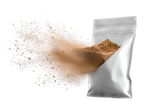 Energy booster powder sachet, isolated on white background