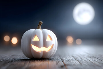 Glowing white pumpkin lantern on wooden floor with full moon background. illustration design.
