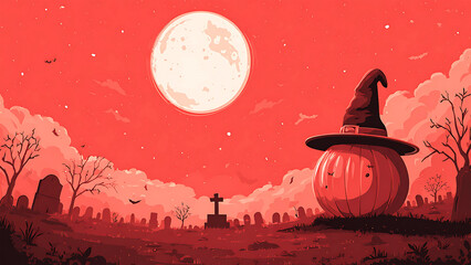 Halloween pumpkin with witch hat and full moon in spooky red graveyard scene.
