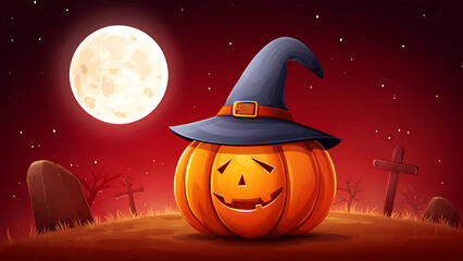 Halloween pumpkin with witch hat and full moon in spooky red graveyard scene.