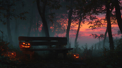 Jack o lantern pumpkins glowing on park bench in misty haunted forest.