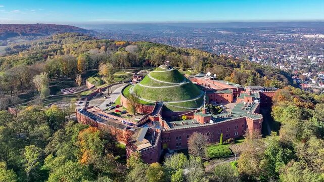 Kosciuszko Mound (Kopiec Kosciuszki) in Krakow, Poland. Erected 1823 commemorates  Tadeusz Kosciuszko, surrounded by citadel and fort. Newly renovated in 2024. New excavations. Aerial view in autumn