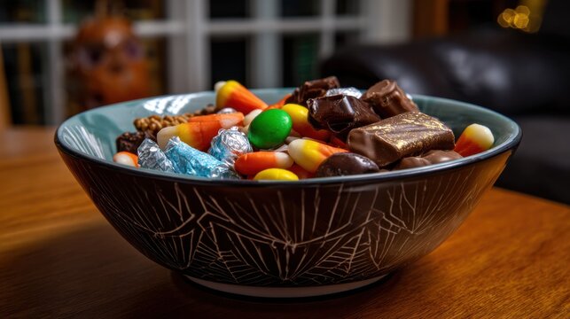 Halloween candy bowl on table