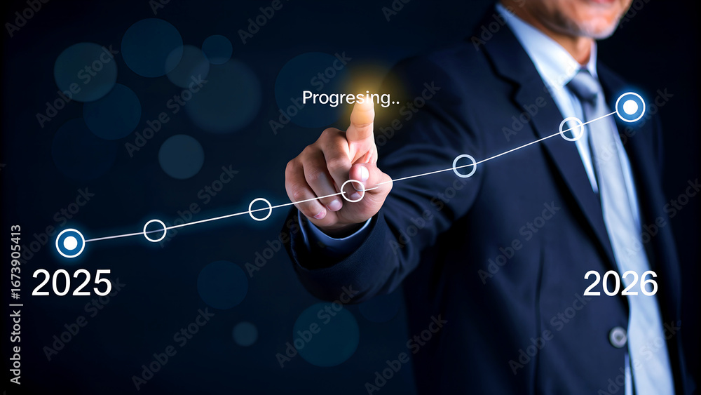 Poster businessman touching virtual screen with progressing arrow from 2025 to 2026, symbolizing future bus