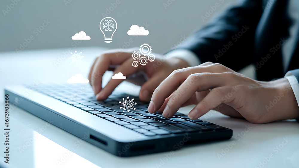 Poster modern business professional typing on keyboard with creative ideas and cloud data solutions visuali
