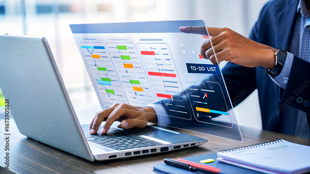 Poster businessman using laptop with transparent screen displaying data analysis charts, representing techn