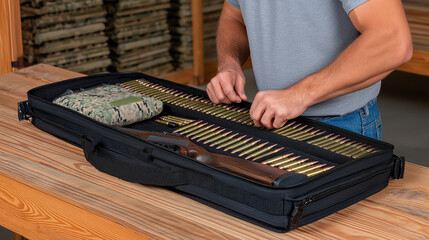 A shooter inspects a rifle in a range prep area with bolts checking barrels wiping ammunition sorted and a range bag packed shown in a meticulous photo with metal shines cloth