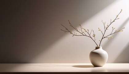 this minimalist composition features a simple vase with branches highlighting the beauty of natural elements and light creating an atmosphere of peace and elegance