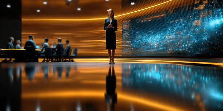 Businesswoman standing in futuristic conference room with holographic digital display and team meeting in background